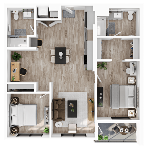 a 1 bedroom floorplan of a bedroom with a bathroom and a living room